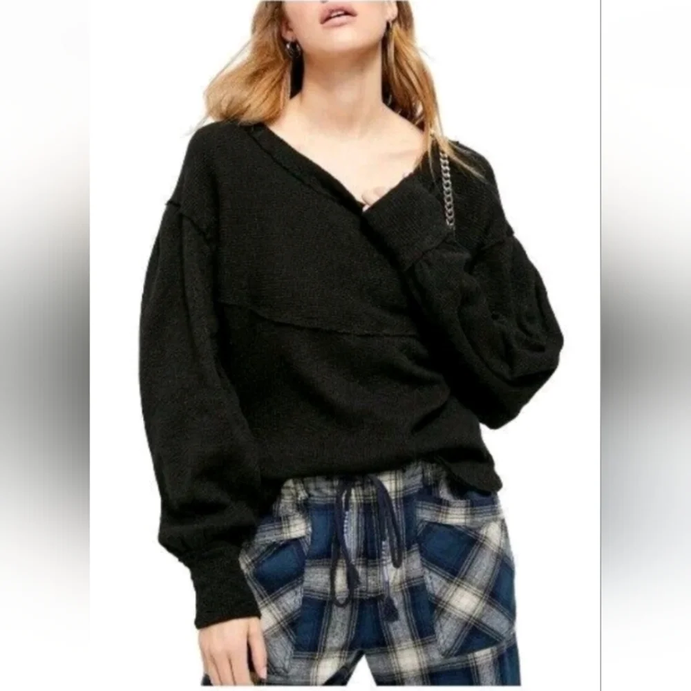 Free People Black Ribbed We The Free OG Thermal Pullover Sz Xs